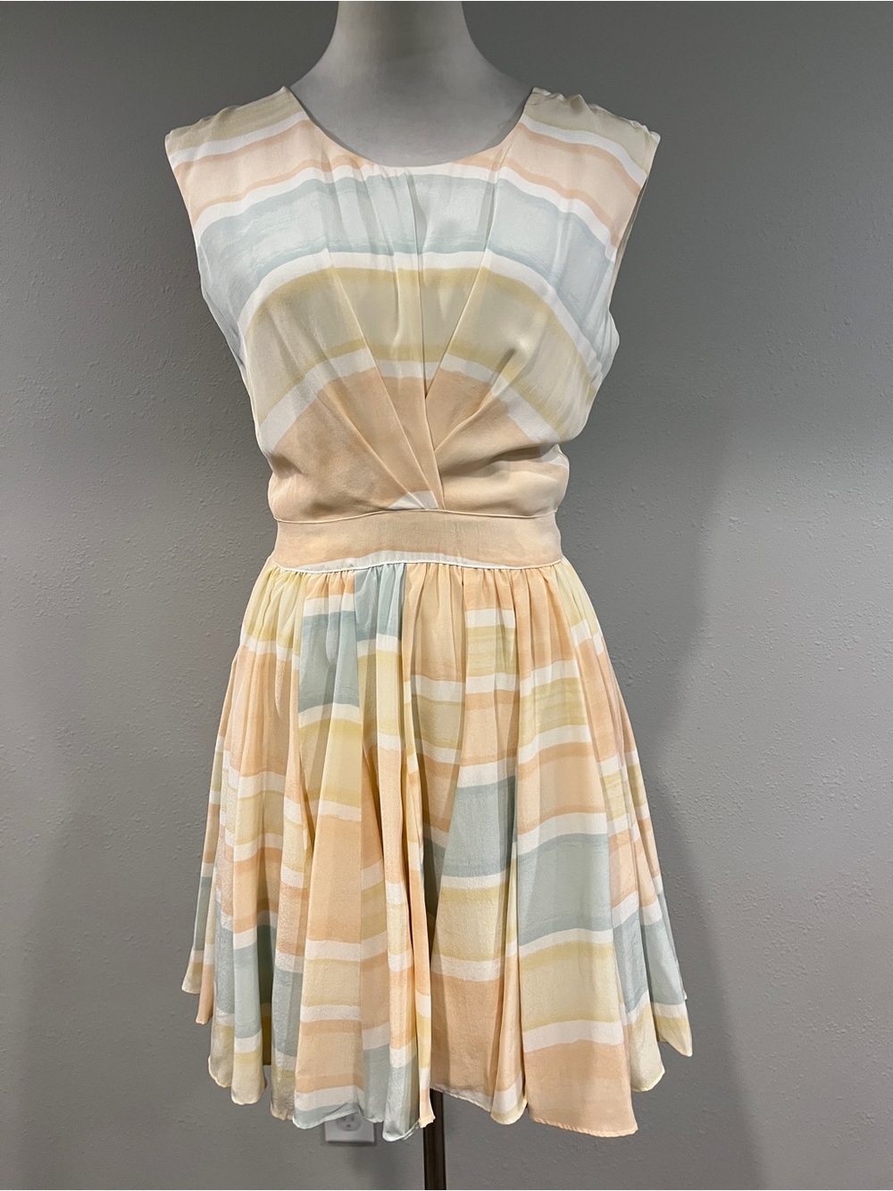 Paper Crown 100 % silk Pastel Striped Pleated Waist mini Dress size small